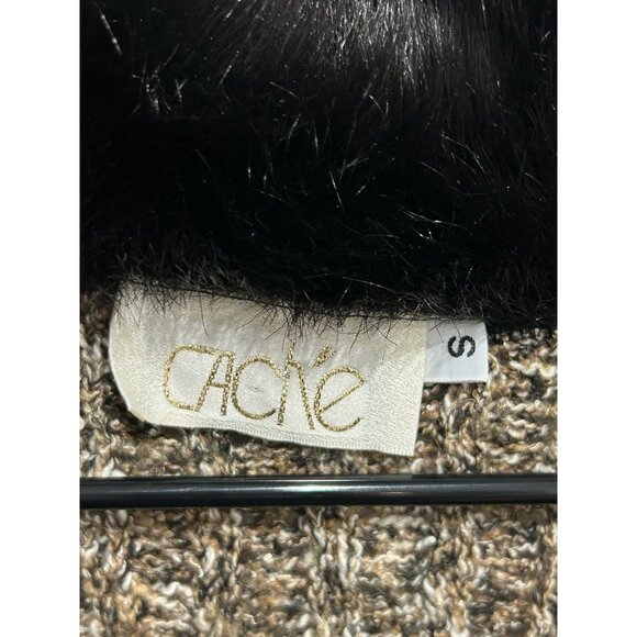 Vintage Cache Brown Faux Fur Collar Button-Up Knit Belted Cardigan Sweater Sz S - Picture 6 of 10